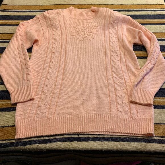 Vintage Knit Sweater Cottagecore Granny Pastel Pullover Pink Mock Neck Floral M - Picture 1 of 7